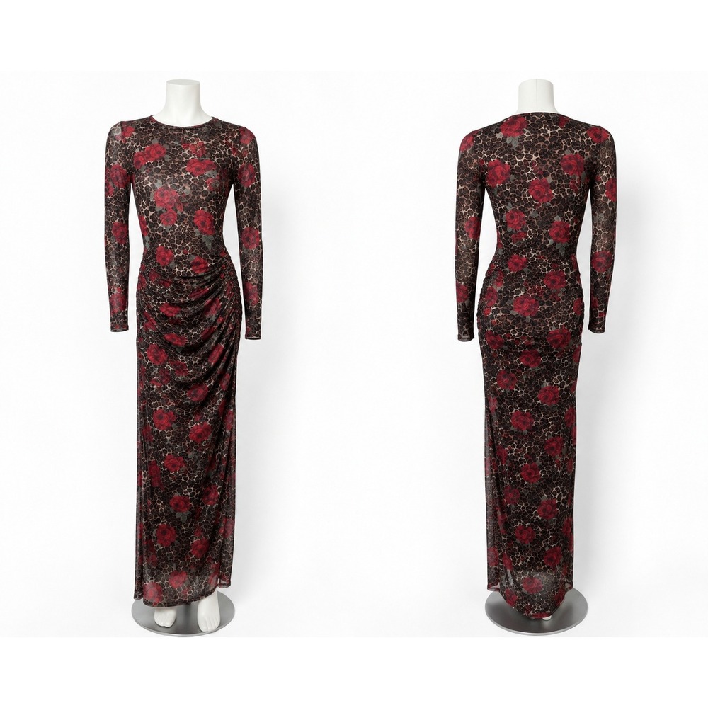 No Comment Maxi Dress Women XL Brown Leopard Rose Good Ruched Mesh Long Sleeve